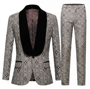 Men’s Black And White 42R Jacquard luxury Groom Tuxedos Shawl Lapel Men …
